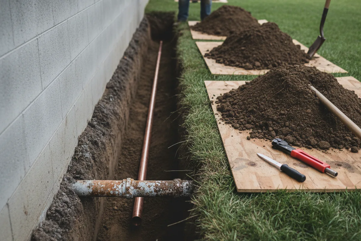 Excavated water line trench during Water Softener Installation in Rural Ridge